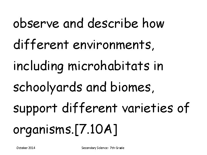 observe and describe how different environments, including microhabitats in schoolyards and biomes, support different
