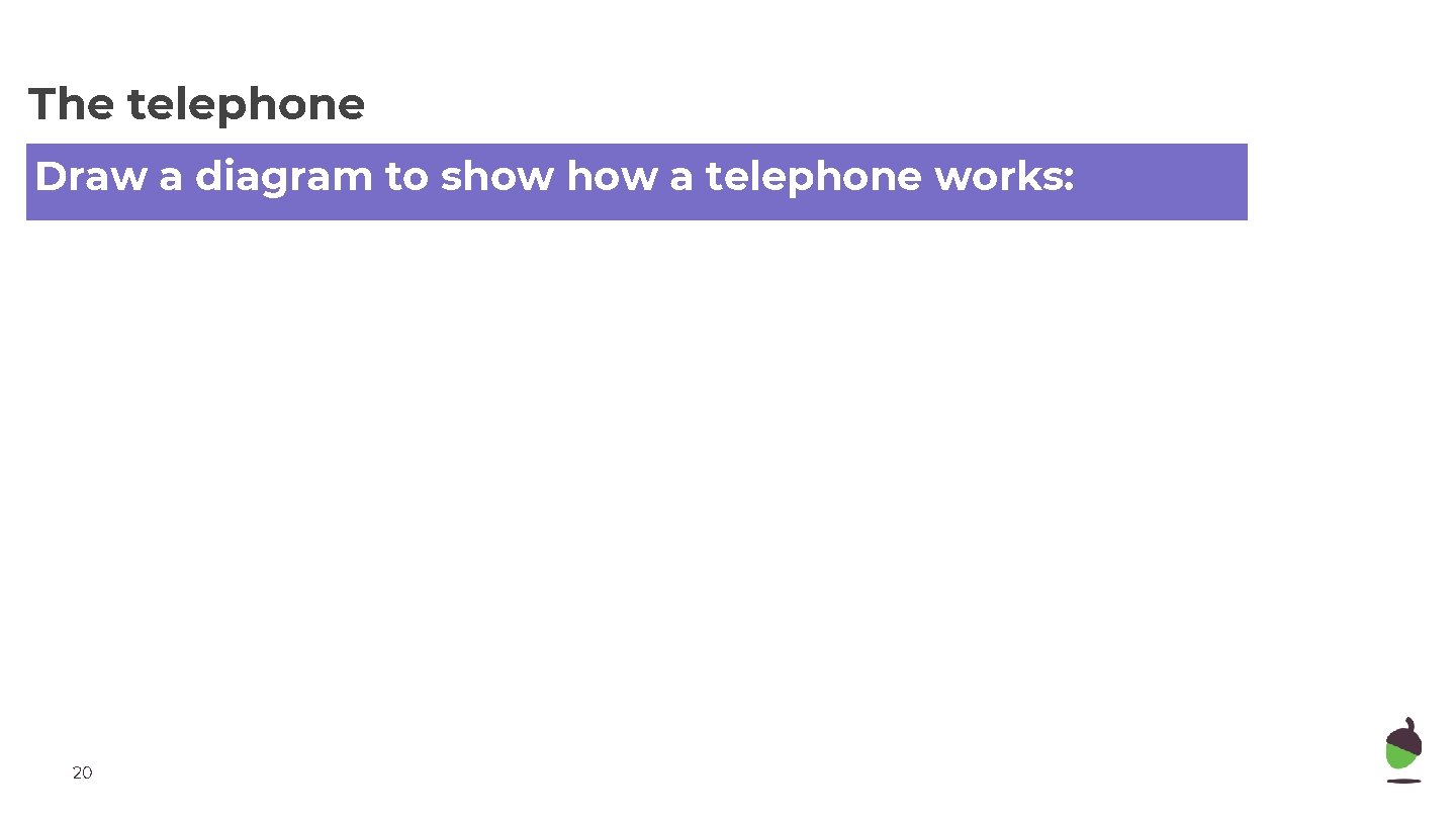 The telephone Draw a diagram to show a telephone works: 20 