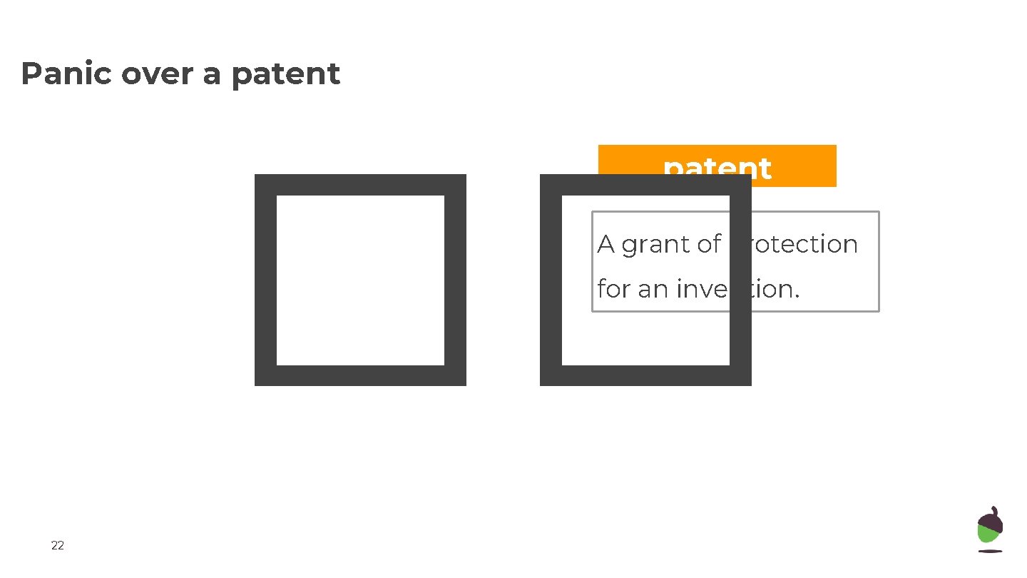 Panic over a patent �� patent A grant of protection for an invention. 22