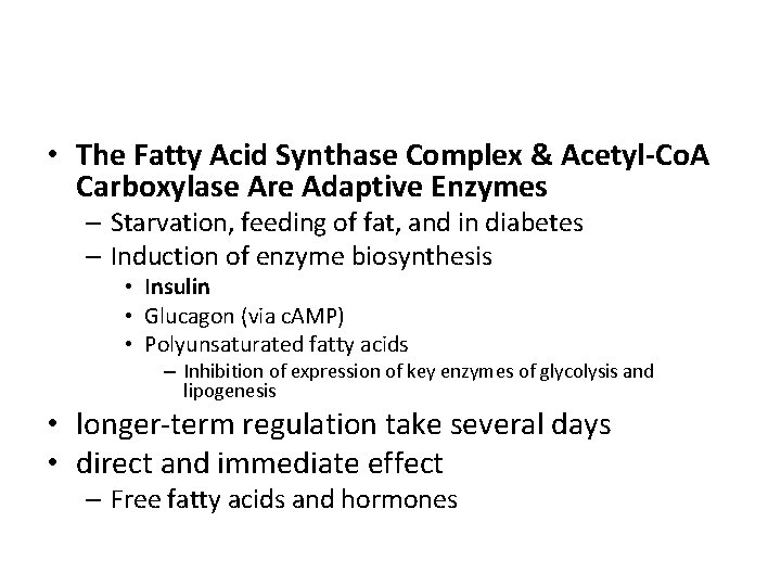  • The Fatty Acid Synthase Complex & Acetyl-Co. A Carboxylase Are Adaptive Enzymes
