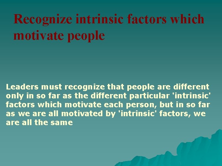 Recognize intrinsic factors which motivate people Leaders must recognize that people are different only