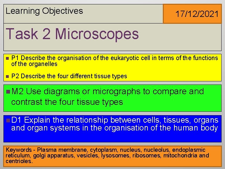 Learning Objectives 17/12/2021 Task 2 Microscopes n P 1 Describe the organisation of the