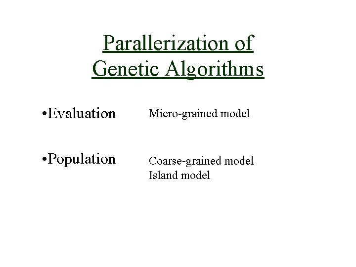 Parallerization of Genetic Algorithms • Evaluation Micro-grained model • Population Coarse-grained model Island model