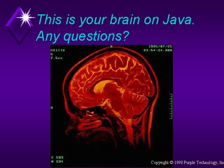 This is your brain on Java. Any questions? Copyright © 1998 Purple Technology, Inc