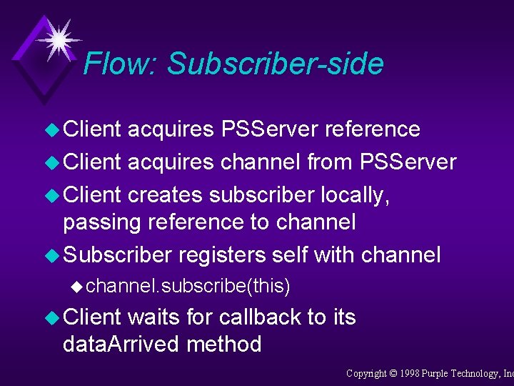 Flow: Subscriber-side u Client acquires PSServer reference u Client acquires channel from PSServer u
