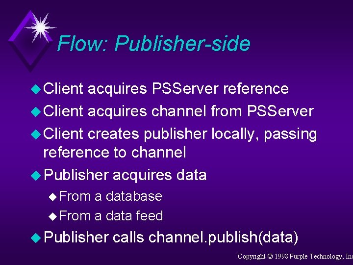 Flow: Publisher-side u Client acquires PSServer reference u Client acquires channel from PSServer u