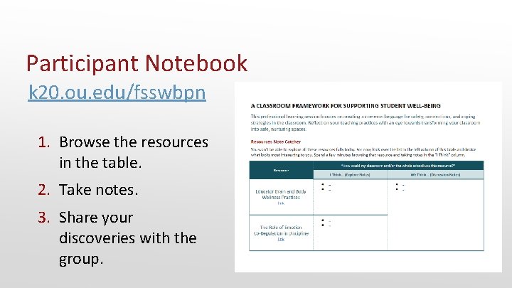 Participant Notebook k 20. ou. edu/fsswbpn 1. Browse the resources in the table. 2.