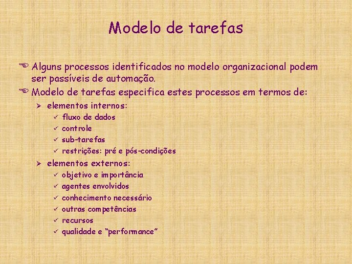 Modelo de tarefas E Alguns processos identificados no modelo organizacional podem ser passíveis de