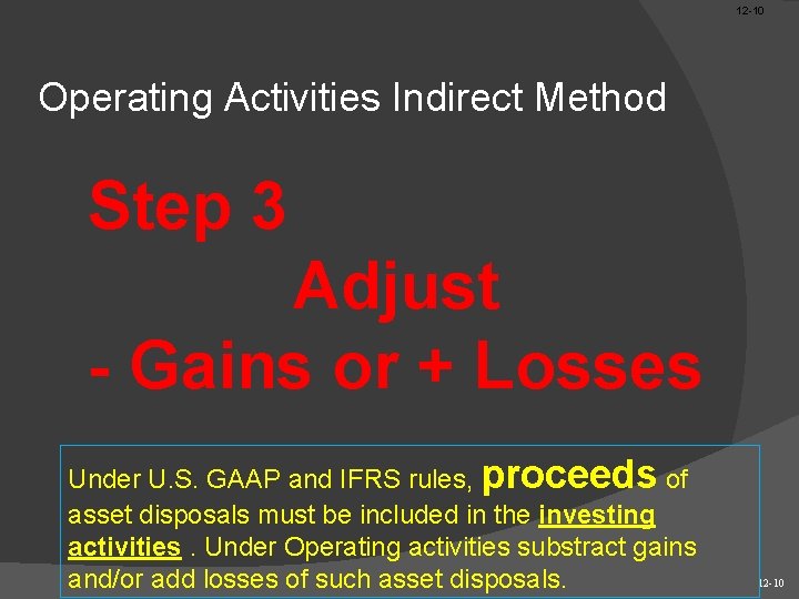 12 -10 Operating Activities Indirect Method Step 3 Adjust - Gains or + Losses