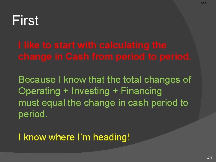 12 -6 First I like to start with calculating the change in Cash from