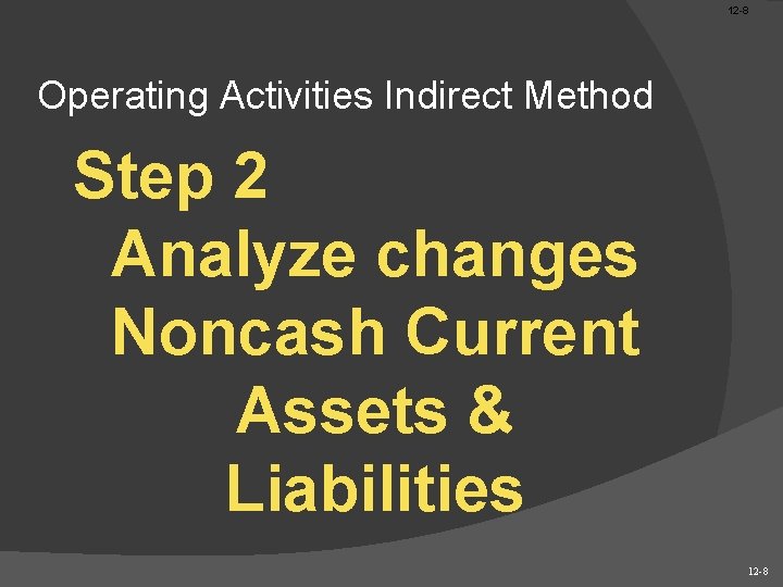 12 -8 Operating Activities Indirect Method Step 2 Analyze changes Noncash Current Assets &