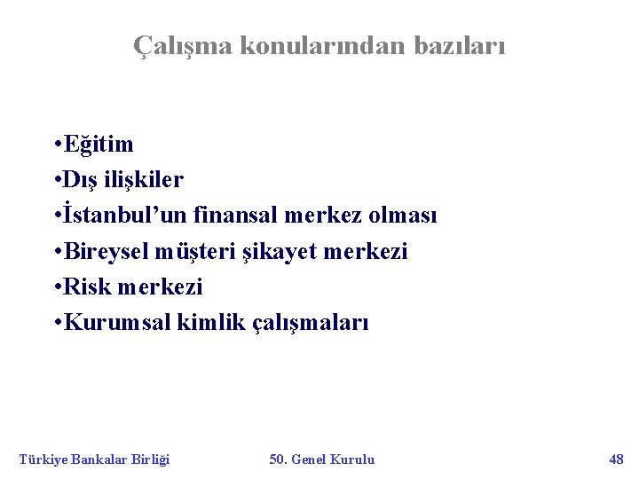 Çalışma konularından bazıları • Eğitim • Dış ilişkiler • İstanbul’un finansal merkez olması •