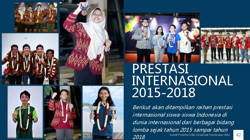 PRESTASI INTERNASIONAL 2015 -2018 Berikut akan ditampilkan raihan prestasi internasional siswa-siswa Indonesia di dunia