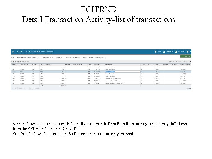 FGITRND Detail Transaction Activity-list of transactions Banner allows the user to access FGITRND as