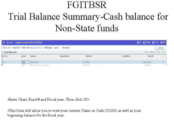 FGITBSR Trial Balance Summary-Cash balance for Non-State funds • Enter Chart, Fund # and