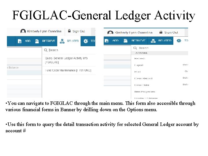 FGIGLAC-General Ledger Activity • You can navigate to FGIGLAC through the main menu. This