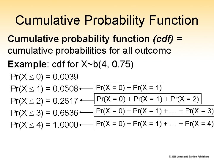 Cumulative Probability Function Cumulative probability function (cdf) = cumulative probabilities for all outcome Example: