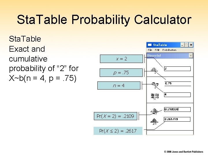 Sta. Table Probability Calculator Sta. Table Exact and cumulative probability of “ 2” for