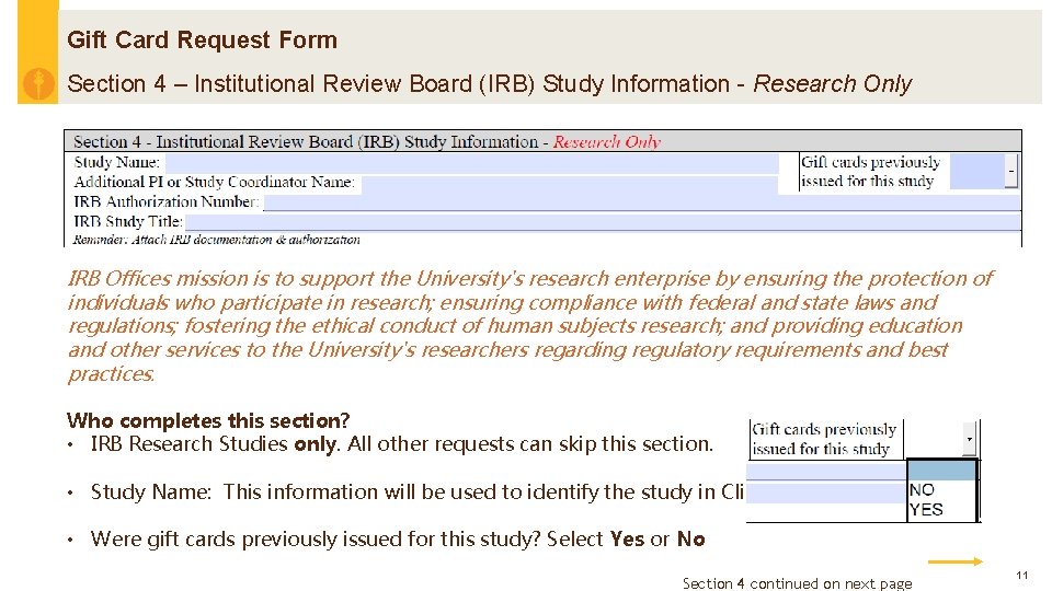 Gift Card Request Form Section 4 – Institutional Review Board (IRB) Study Information -