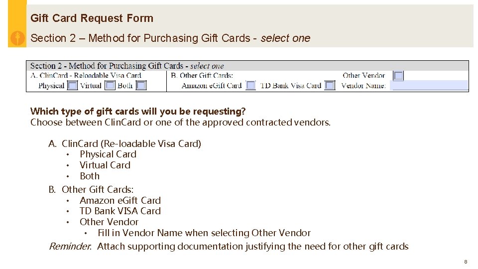 Gift Card Request Form Section 2 – Method for Purchasing Gift Cards - select