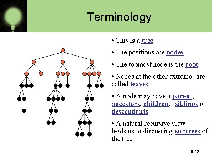 Terminology • This is a tree • The positions are nodes • The topmost