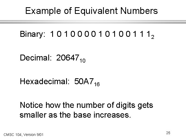 Example of Equivalent Numbers Binary: 1 0 0 0 0 1 1 12 Decimal: