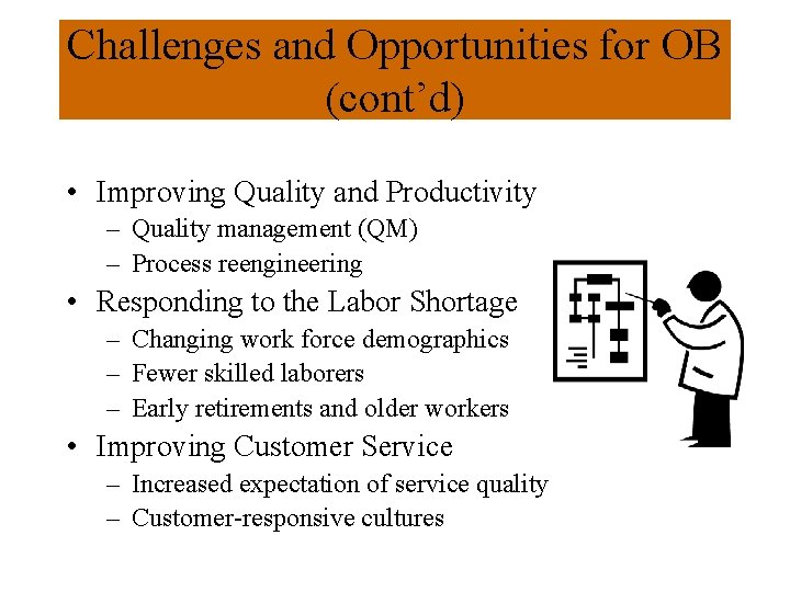 Challenges and Opportunities for OB (cont’d) • Improving Quality and Productivity – Quality management