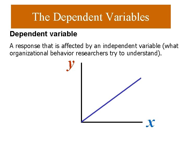 The Dependent Variables Dependent variable A response that is affected by an independent variable