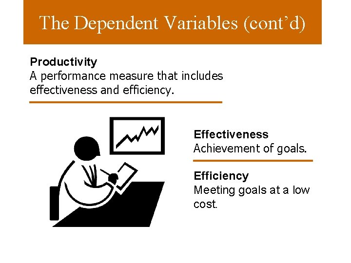 The Dependent Variables (cont’d) Productivity A performance measure that includes effectiveness and efficiency. Effectiveness