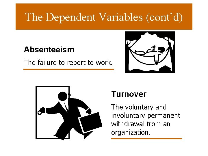 The Dependent Variables (cont’d) Absenteeism The failure to report to work. Turnover The voluntary