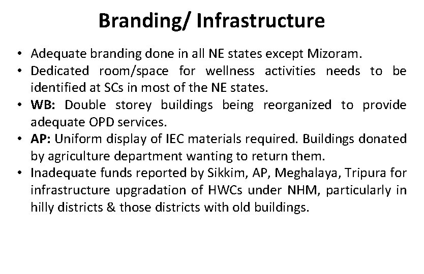 Branding/ Infrastructure • Adequate branding done in all NE states except Mizoram. • Dedicated