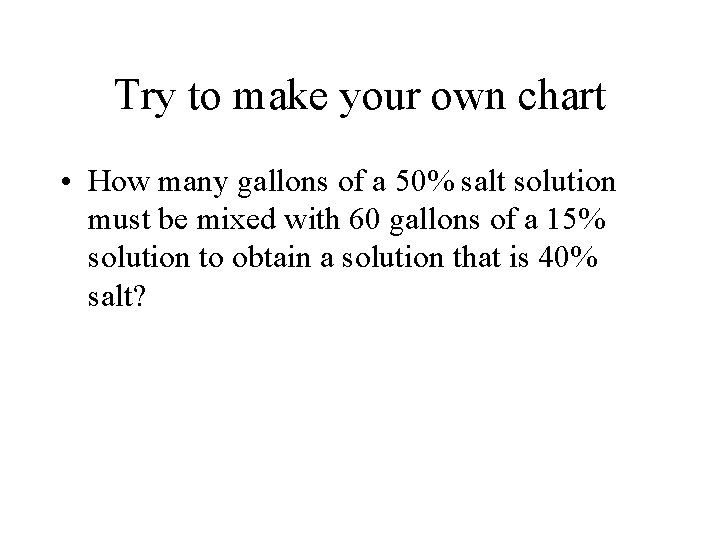 Try to make your own chart • How many gallons of a 50% salt