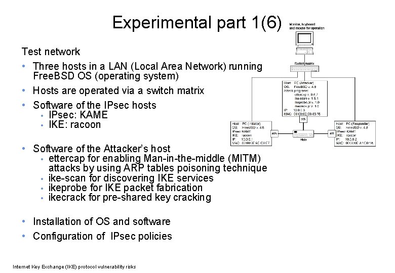Experimental part 1(6) Test network • Three hosts in a LAN (Local Area Network)
