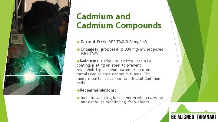 Cadmium and Cadmium Compounds Current WES: WES TWA 0. 01 mg/m 3 Change(s) proposed: