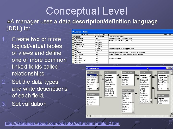 Conceptual Level A manager uses a data description/definition language (DDL) to: 1. Create two