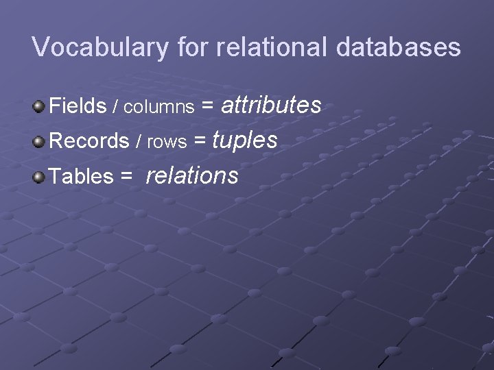 Vocabulary for relational databases Fields / columns = attributes Records / rows = tuples