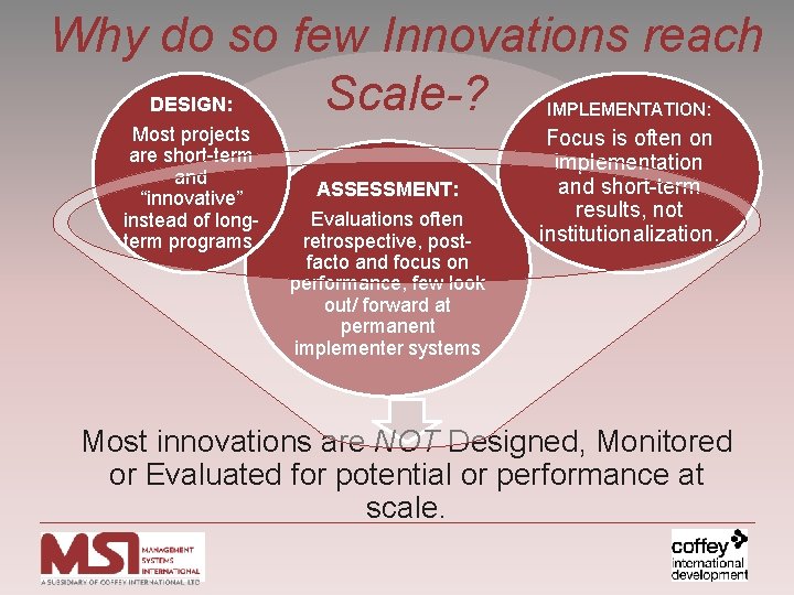 Why do so few Innovations reach Scale-? DESIGN: IMPLEMENTATION: Most projects are short-term and