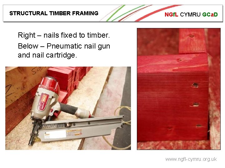 STRUCTURAL TIMBER FRAMING NGf. L CYMRU GCa. D Right – nails fixed to timber.
