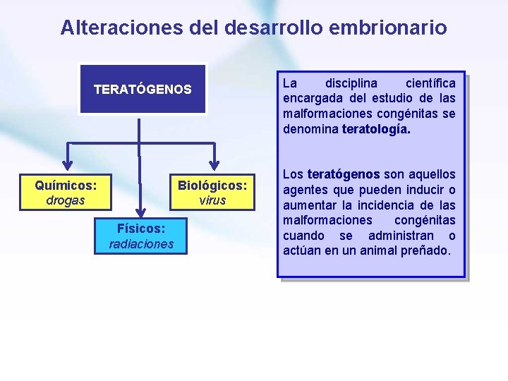 Alteraciones del desarrollo embrionario TERATÓGENOS Químicos: drogas Biológicos: virus Físicos: radiaciones La disciplina científica
