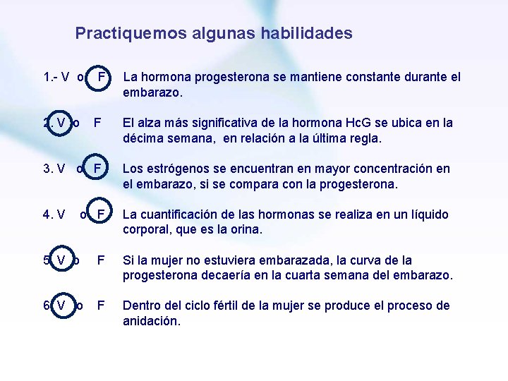 Practiquemos algunas habilidades 1. - V o 2. V o F La hormona progesterona