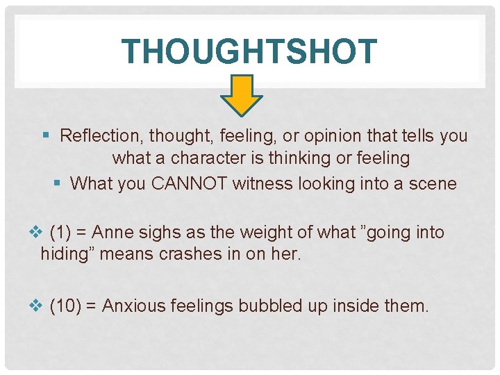 THOUGHTSHOT § Reflection, thought, feeling, or opinion that tells you what a character is