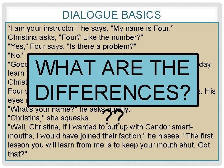DIALOGUE BASICS “I am your instructor, ” he says. "My name is Four. ”