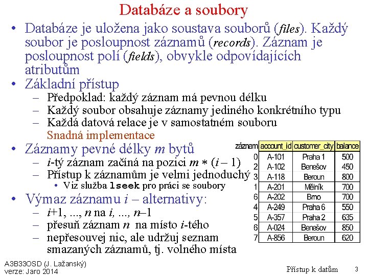 Databáze a soubory • Databáze je uložena jako soustava souborů (files). Každý soubor je