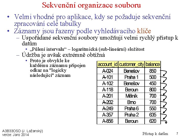 Sekvenční organizace souboru • Velmi vhodné pro aplikace, kdy se požaduje sekvenční zpracování celé