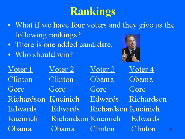 Rankings • What if we have four voters and they give us the following