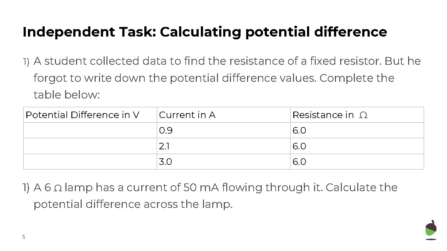 Independent Task: Calculating potential difference 1) A student collected data to find the resistance