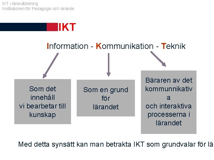 IKT i lärarutbildning Institutionen för Pedagogik och lärande IKT Information - Kommunikation - Teknik