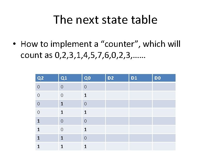 The next state table • How to implement a “counter”, which will count as