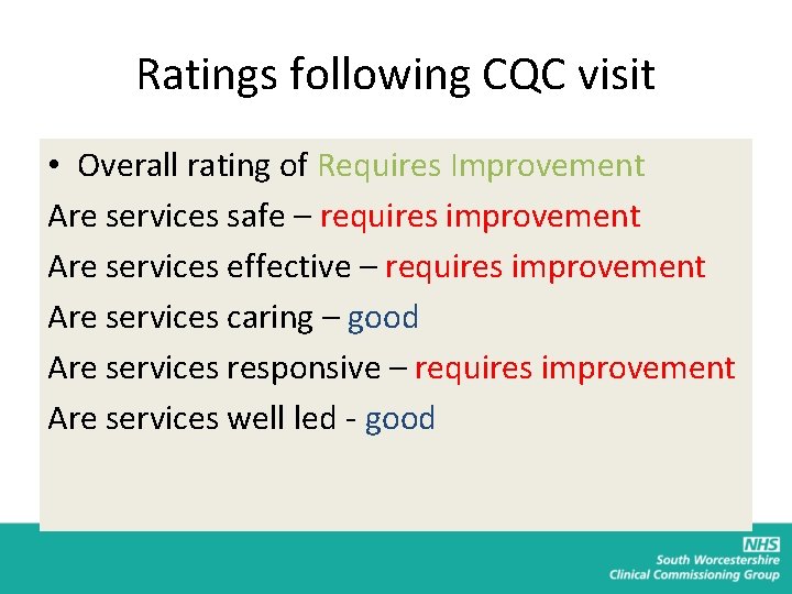 Ratings following CQC visit • Overall rating of Requires Improvement Are services safe –