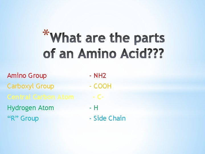 * Amino Group - NH 2 Carboxyl Group - COOH Central Carbon Atom -
